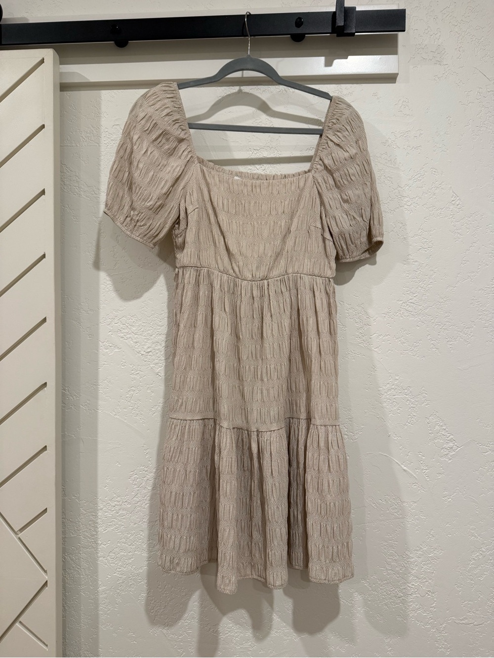 Lush Beige Textured Square-Neck Mini Dress